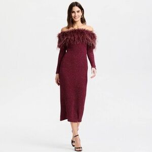 a new day Burgundy Long Sleeve Dress with Feather Detail